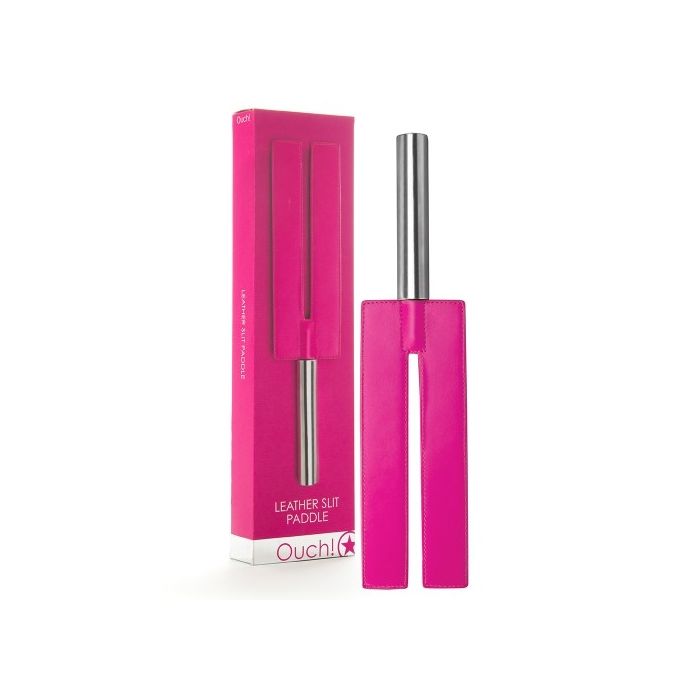 Palmatória Ouch! Leather Slit Paddle Rosa Conjunto