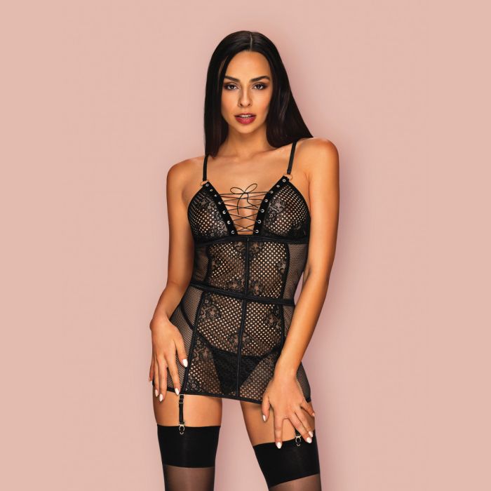 Camisa de Noite & Tanga Basitta Obsessive Preta Frente