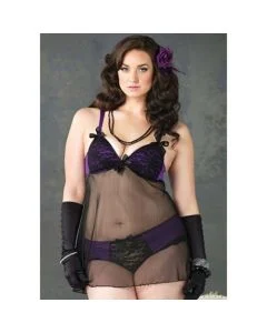Camisa de Noite Transparente com Detalhes de Renda e de Tecido Roxo Tamanho Grande Frente